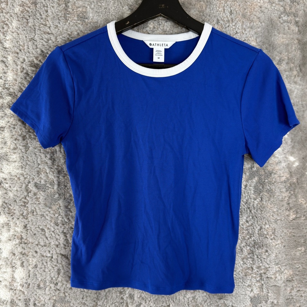 Athleta Size M Ribbed Ringer Athletic Activewear T-Shirt Blue Short Sleeve Kids